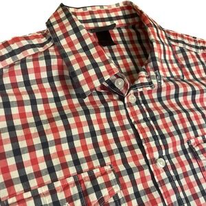 HM Mens Red Navy Blue Gingham Check Short Sleeve Button Down Shirt Size M Cotton